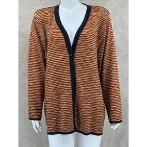 Exclusively Misook Sweater Womens 1X Orange Black Striped Cardigan Textured Knit